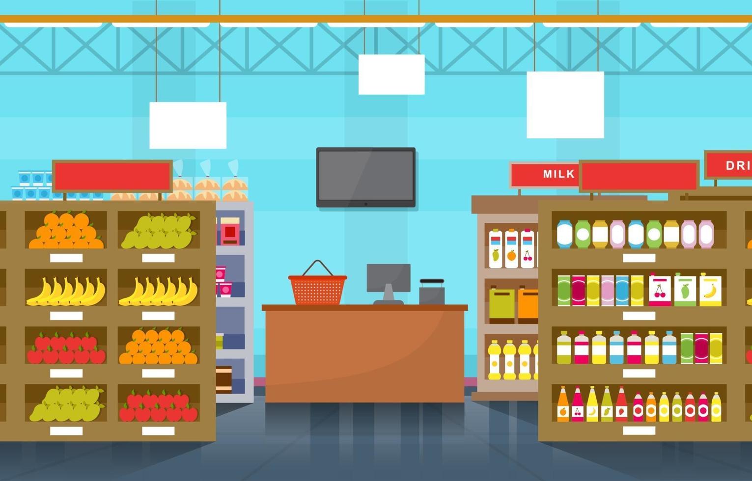 snabbköp livsmedelsbutik interiör platt illustration vektor