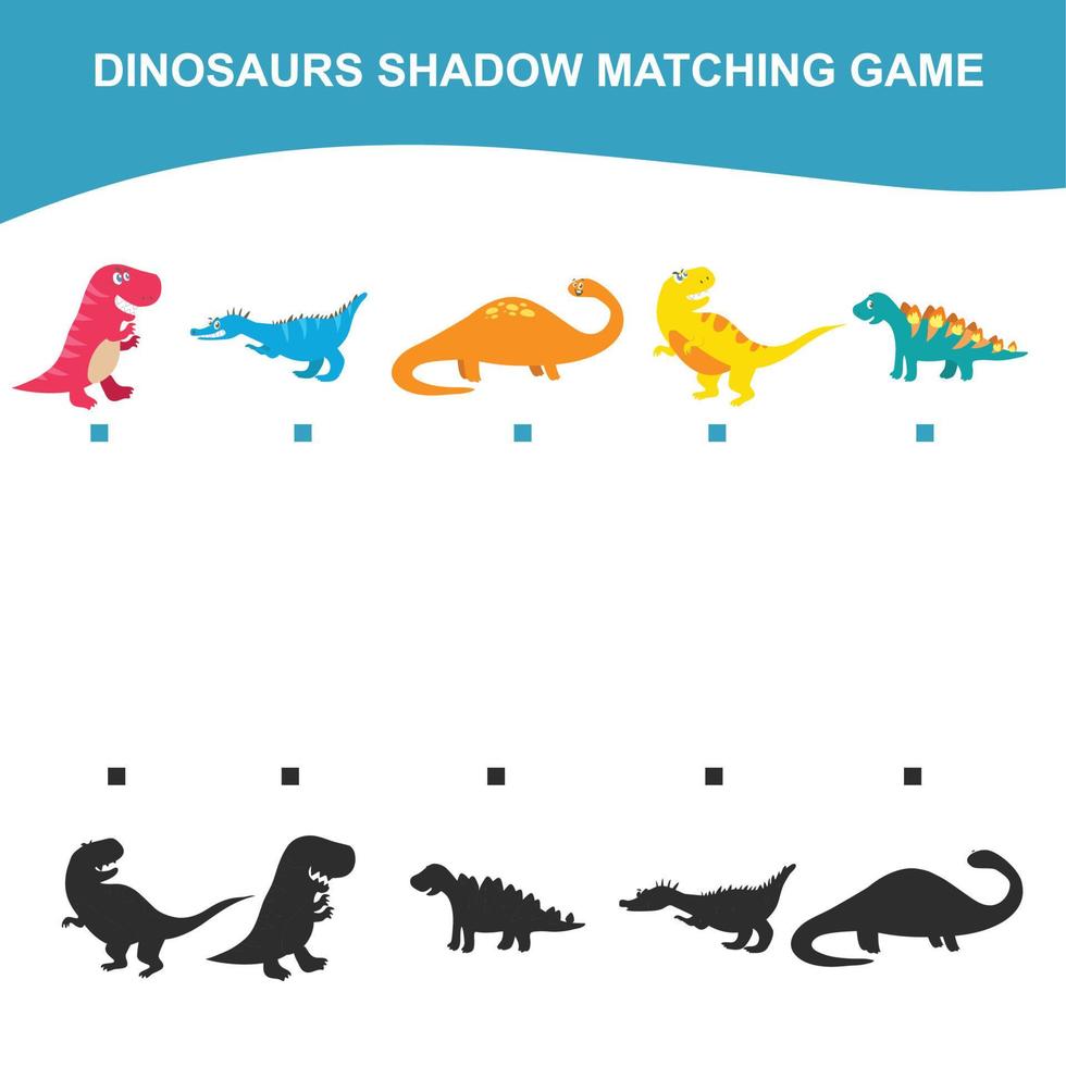 skugga matchande spel för förskola barn. dinosaurier utgåva. pedagogisk aktivitet för förskola ungar. vektor illustration.