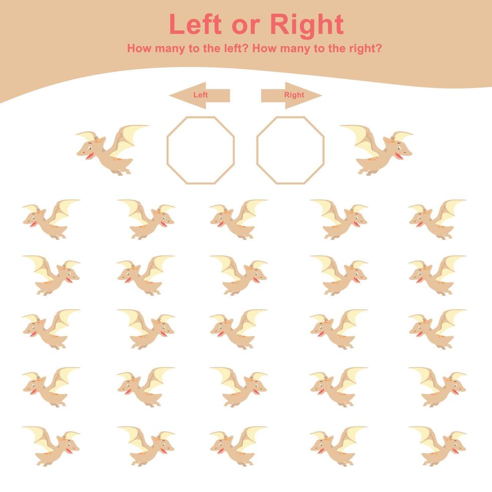 vänster eller rätt dinosaurie spel för barn. pedagogisk tryckbar matematik arbetsblad. matematik kalkylblad för ungar. räkna och skriva aktivitet. söt dinosaurie matematik arbetsblad. vektor fil