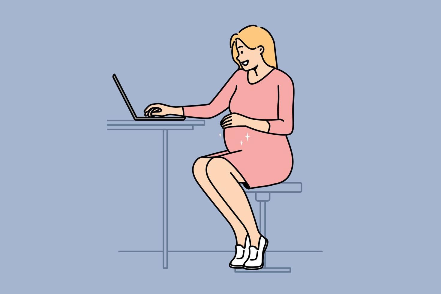 jung schwanger Frau Arbeit online auf Laptop beim Zuhause Büro. lächelnd Zukunft Mama freiberuflich beschäftigt beim Computer. Schwangerschaft und Geschäft. Vektor Illustration.