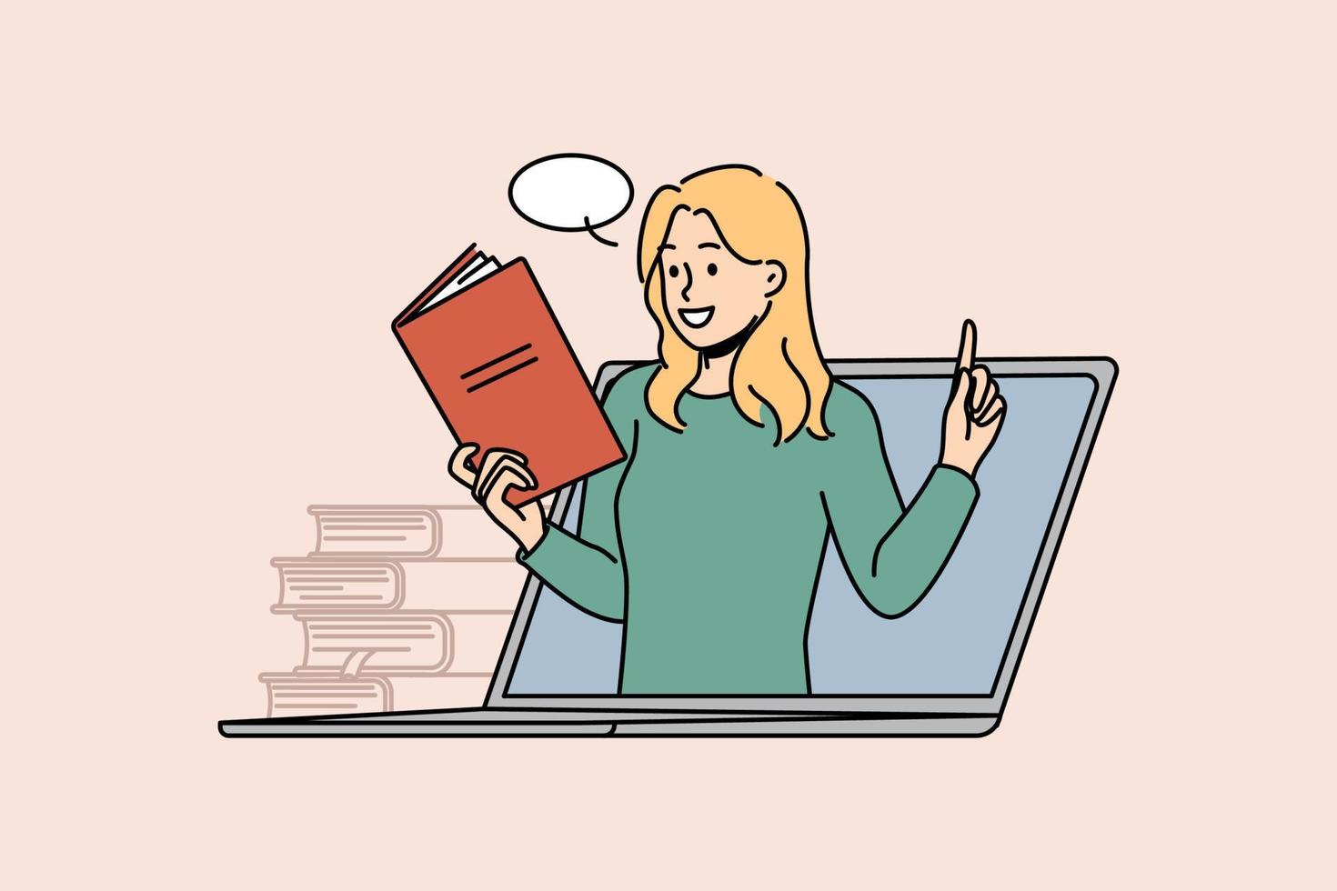 jung Frau auf Laptop Bildschirm haben online Lektion auf modern Gerät. lächelnd weiblich Lehrer oder Tutor mit Buch führen Webcam Klasse auf Computer. Bildung. Vektor Illustration.