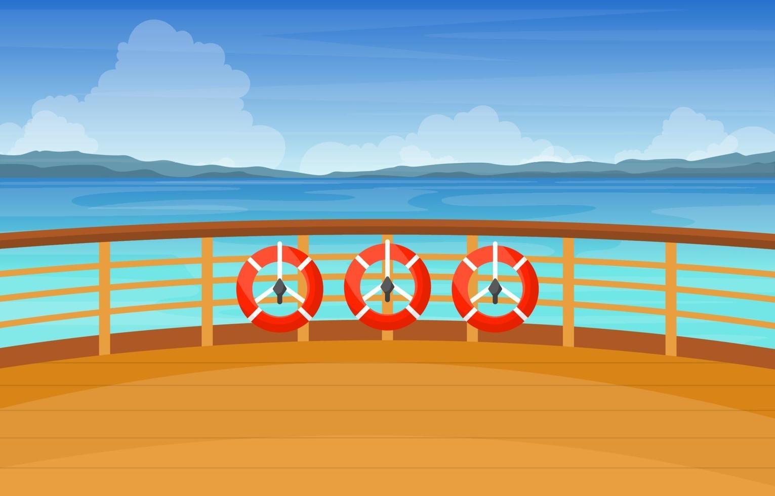 Kreuzfahrtschiff Deck mit Rettungsring und Ozeanlandschaft vektor