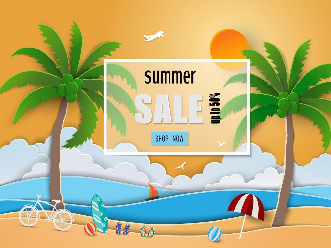 Sommerverkauf Hintergrunddesign mit Papierschnitt tropischen Strand, Kokosnussbaum und Regenschirm vektor