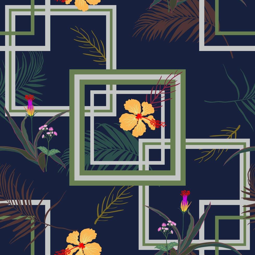 geometrisches nahtloses Muster mit tropischen Blumen und Blättern auf Marineblauhintergrund vektor