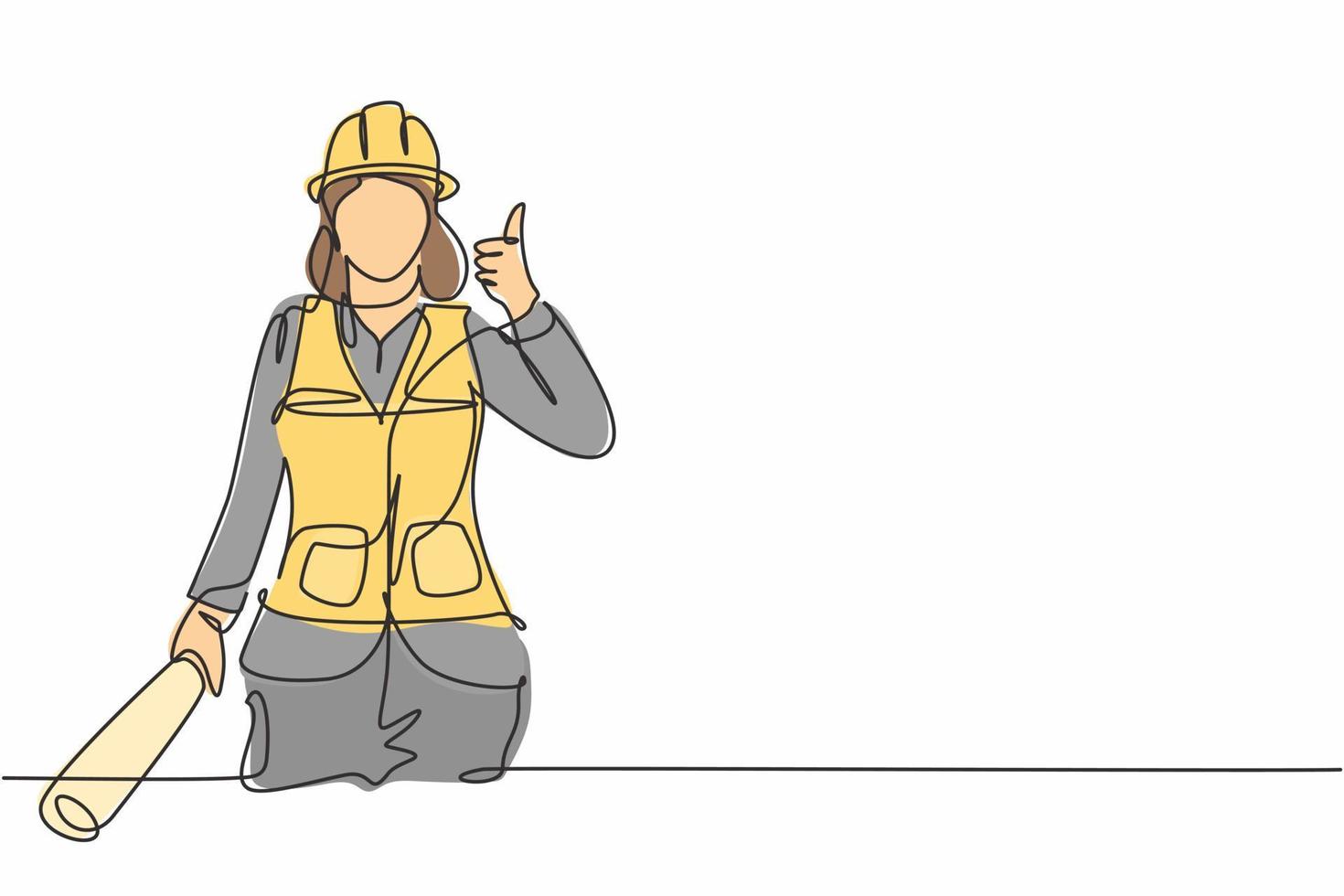Kontinuierliche Ein-Linien-Zeichnung weiblicher Architekt mit einer Geste, den Daumen zu heben und einen Helm zu tragen, trug ein Bauzeichnungspapier. Einzeilige Zeichnung Design Vektorgrafik Illustration vektor