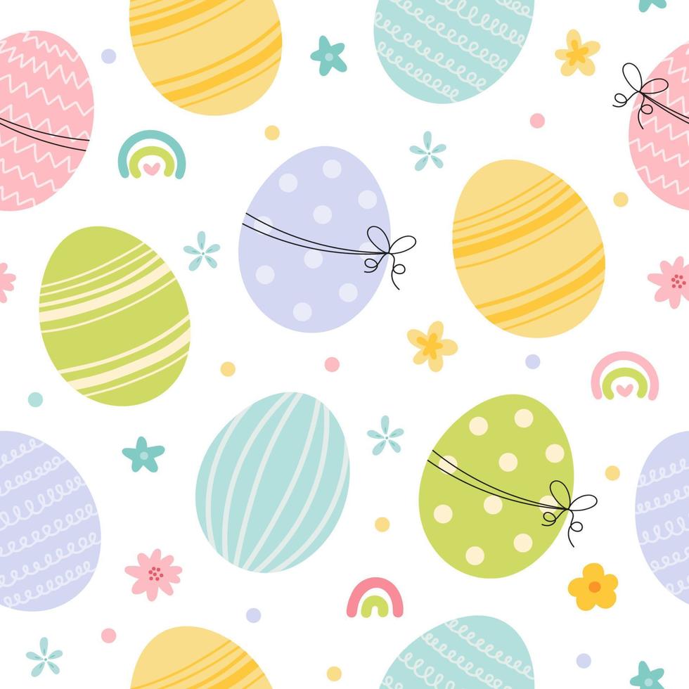 süß nahtlos Muster mit Ostern farbig Eier, Regenbogen und Blumen. Ostern Gekritzel Hintergrund, großartig zum Textilien, Banner, Tapeten, Verpackung - - Vektor Design