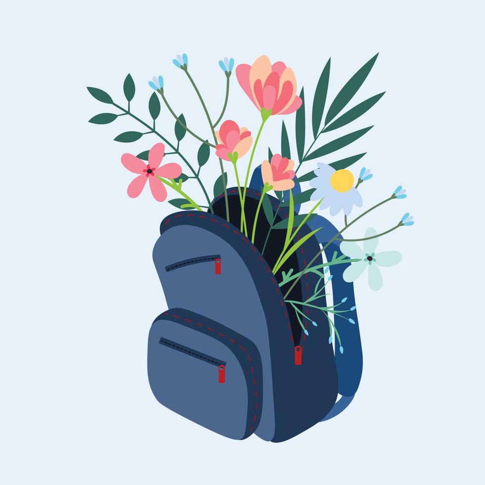 Jungs Blau Rucksack mit anders Blumen und Blätter auf ein Blau Hintergrund. Schule Liebe Illustration. Postkarte zum März 8 vektor