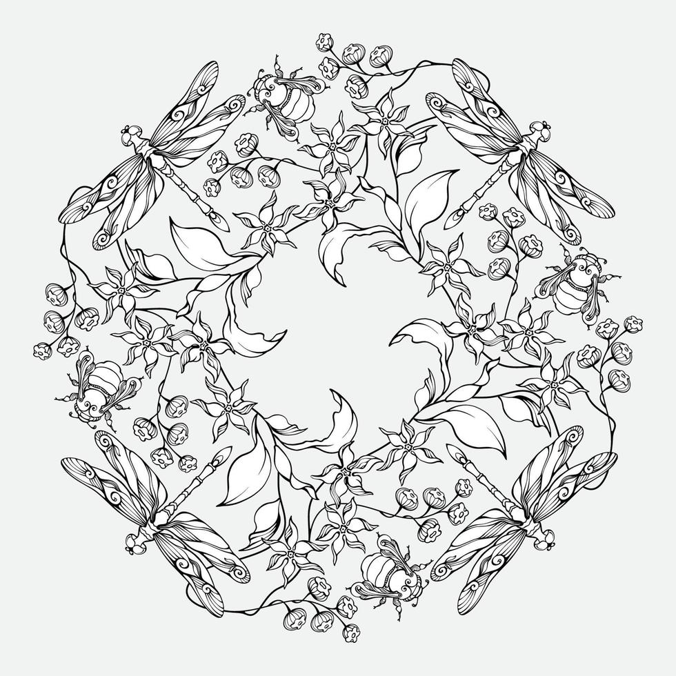 Blumen- Mandala mit Libellen, Hummeln, und Blumen. Färbung Buchseite. Vektor. vektor