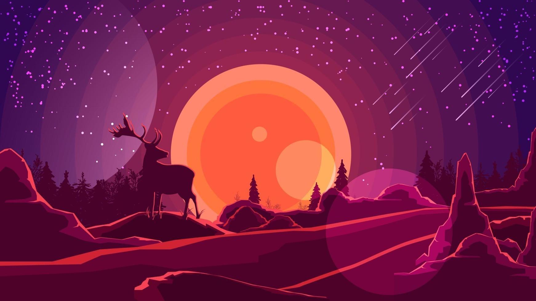 Landschaft mit Sonnenuntergang hinter den Bergen, Wald, Silhouette eines Hirsches und Sternenhimmel auf lila Himmel. Vektorillustration. vektor