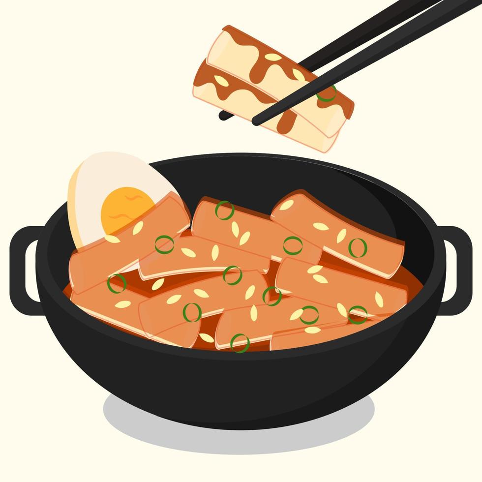 hand dragen tteokbokki uppsättning med ägg i en panorera koreanska gata mat platt design illustration vektor