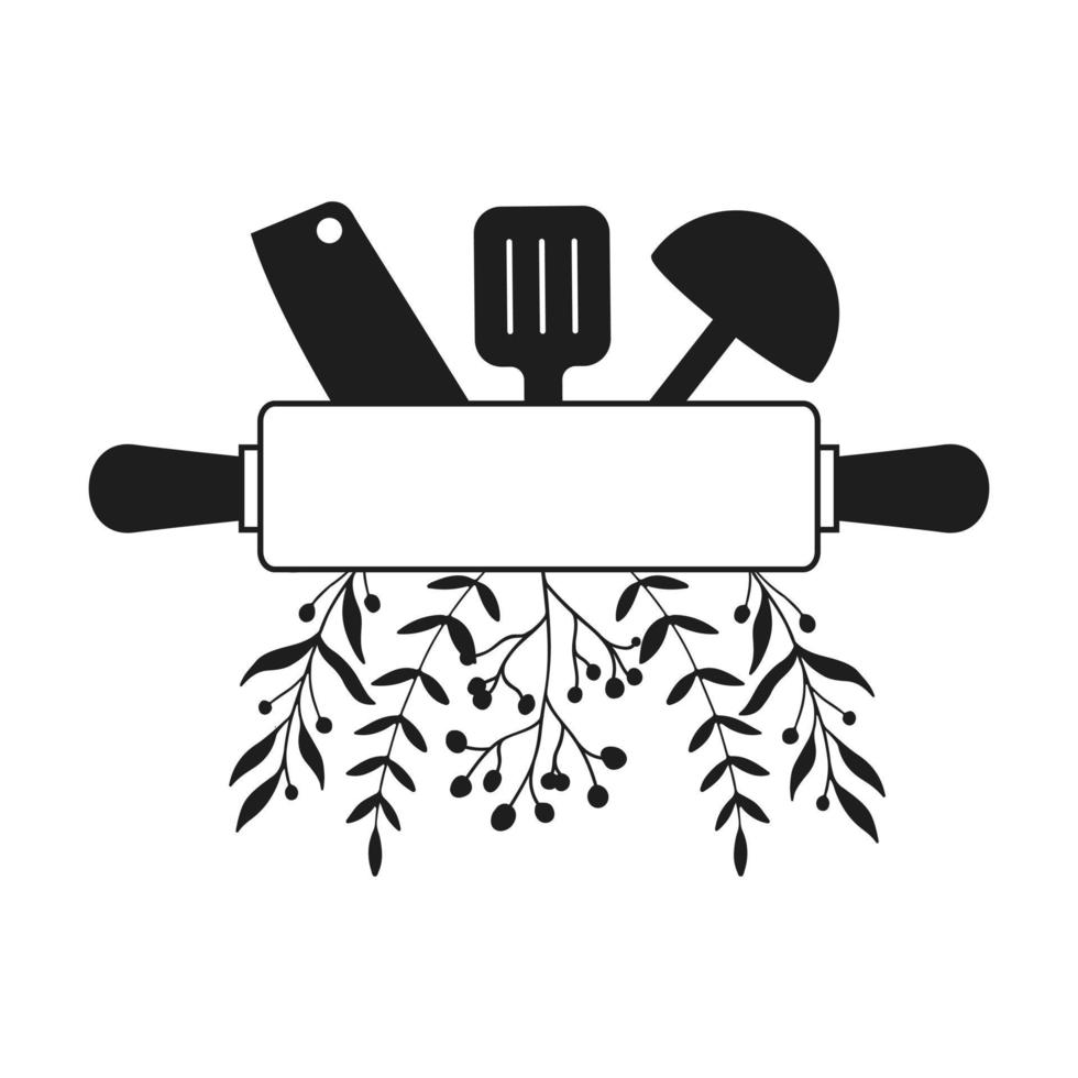 Küche Monogramm Symbol Vektor Satz. Küche Teilt Rahmen Illustration. Kochen Symbol oder Logo.
