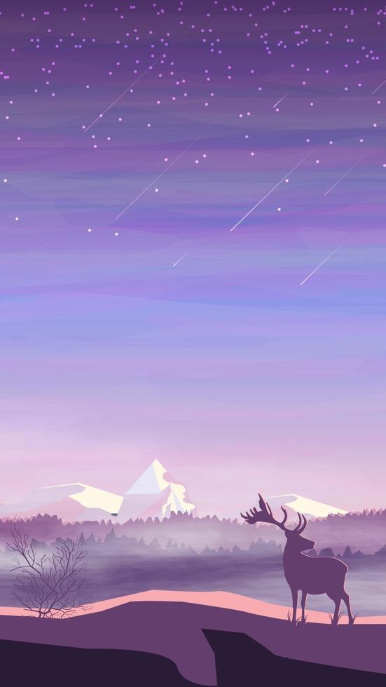 kvällslandskap, tallskog i dimma, rådjur och snöiga berg, stjärnhimmel med fallande stjärnor. vektor illustration