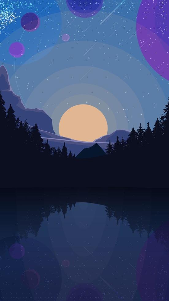 landskap med stjärnhimmel, planeter, tallskog och sjö i bergen. vektor illustration
