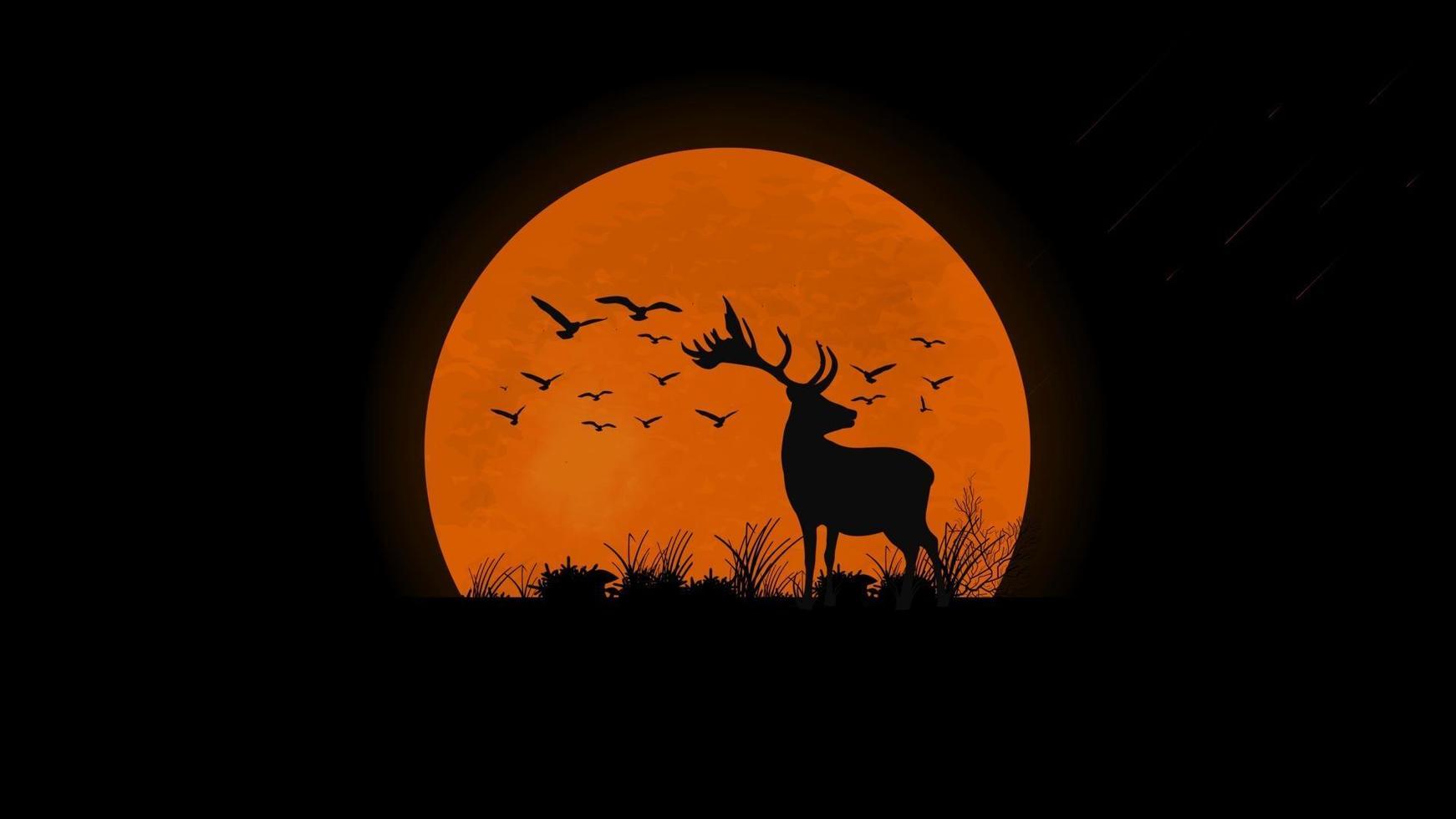 Sonnenuntergang auf dem Feld, Silhouette von Hirschen, Vögeln und Gras gegen den vollen orange Mond vektor