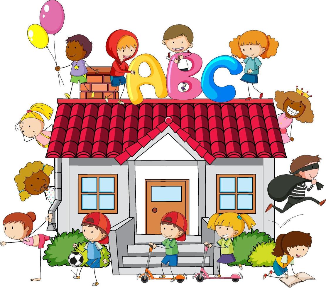 Viele Kinder machen verschiedene Aktivitäten rund ums Haus vektor