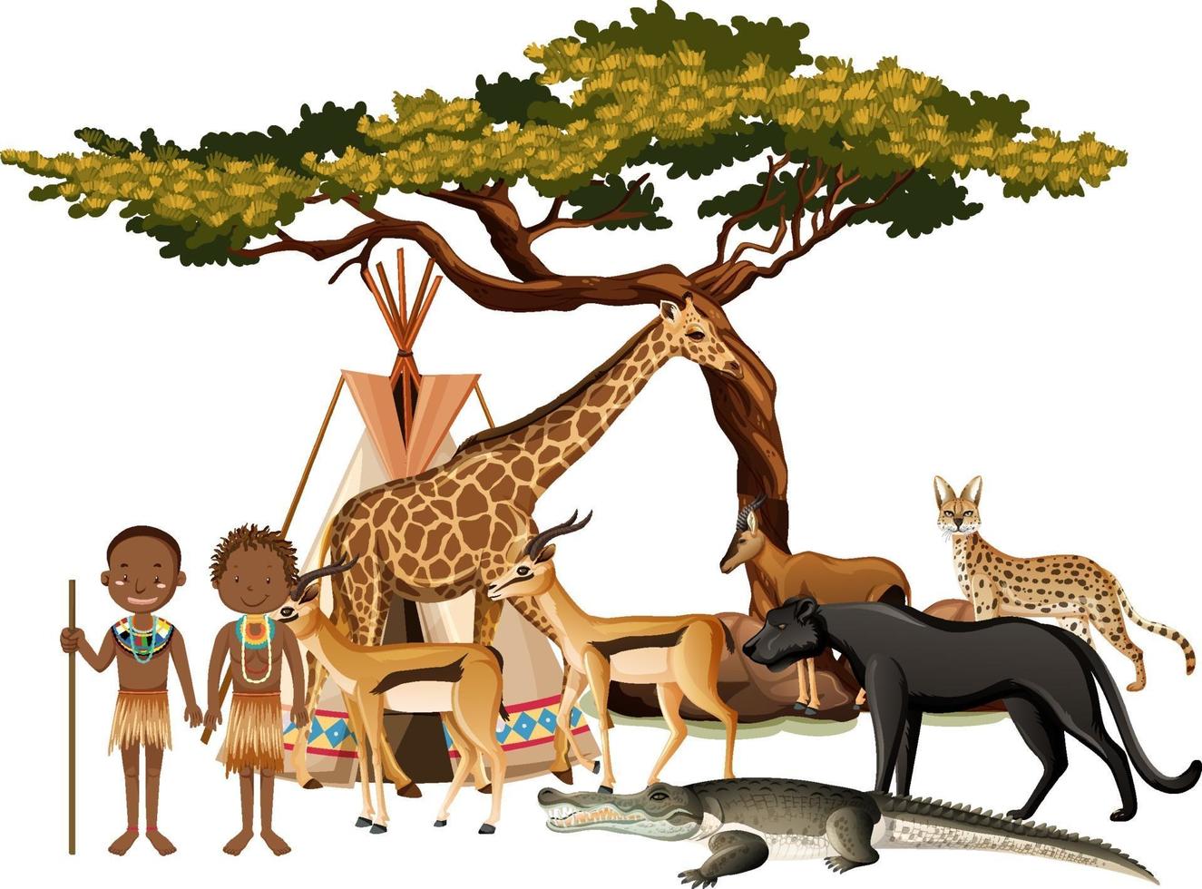 afrikansk stam med gruppen av vilda afrikanska djur på vit bakgrund vektor