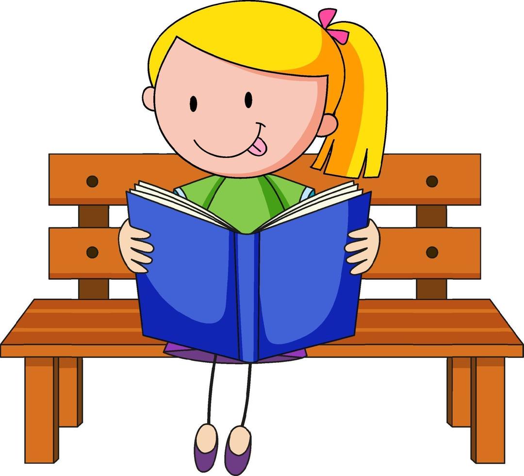 söt flicka läser bok doodle seriefigur vektor