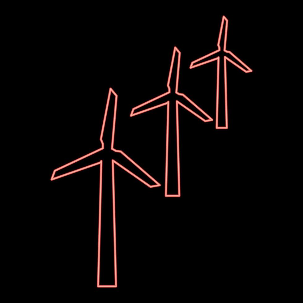 Neon- Wind Generatoren Turbine Leistung Windmühle sauber Energie Konzept rot Farbe Vektor Illustration Bild eben Stil