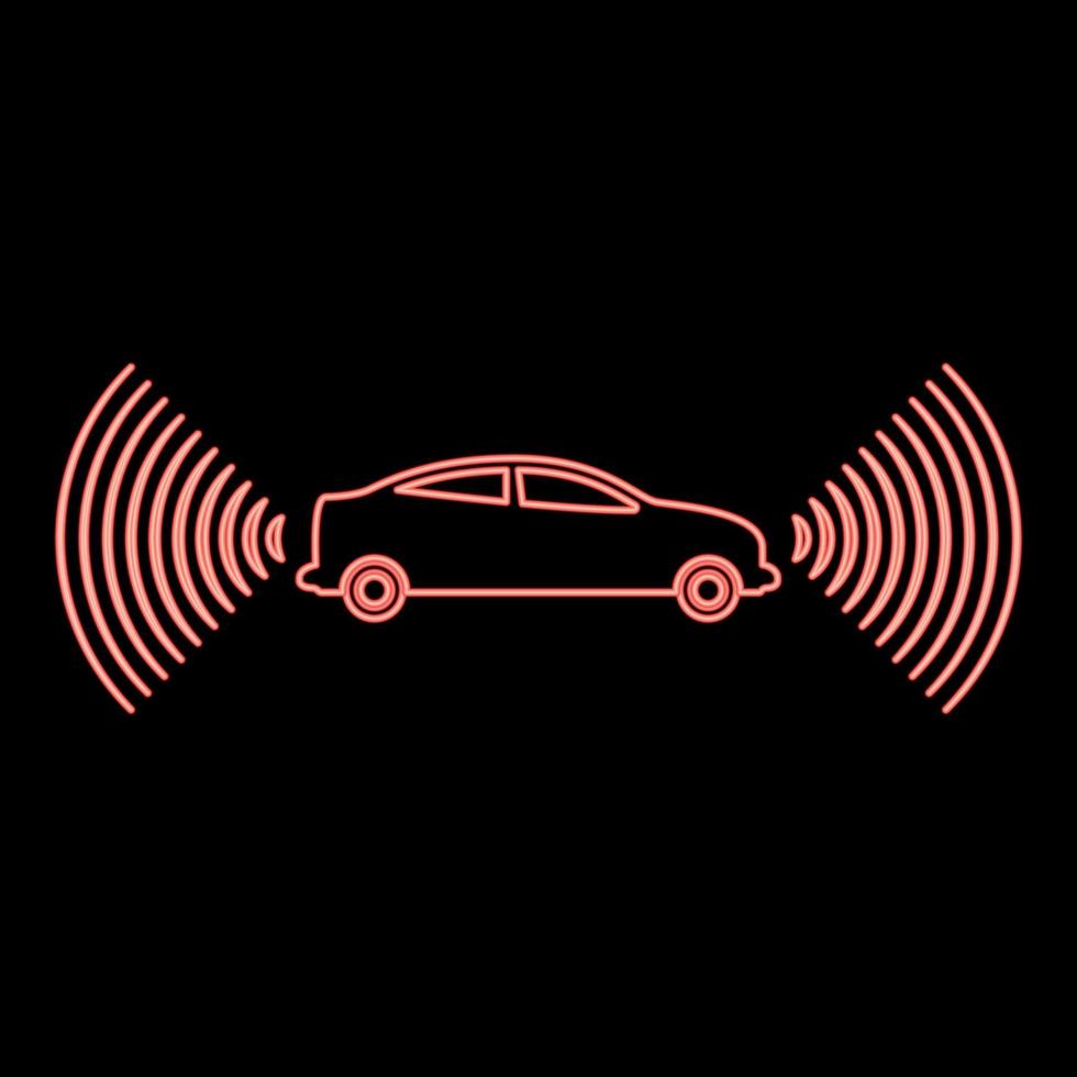 Neon- Auto Radio Signale Sensor Clever Technologie Autopilot Vorderseite und zurück Richtung rot Farbe Vektor Illustration Bild eben Stil