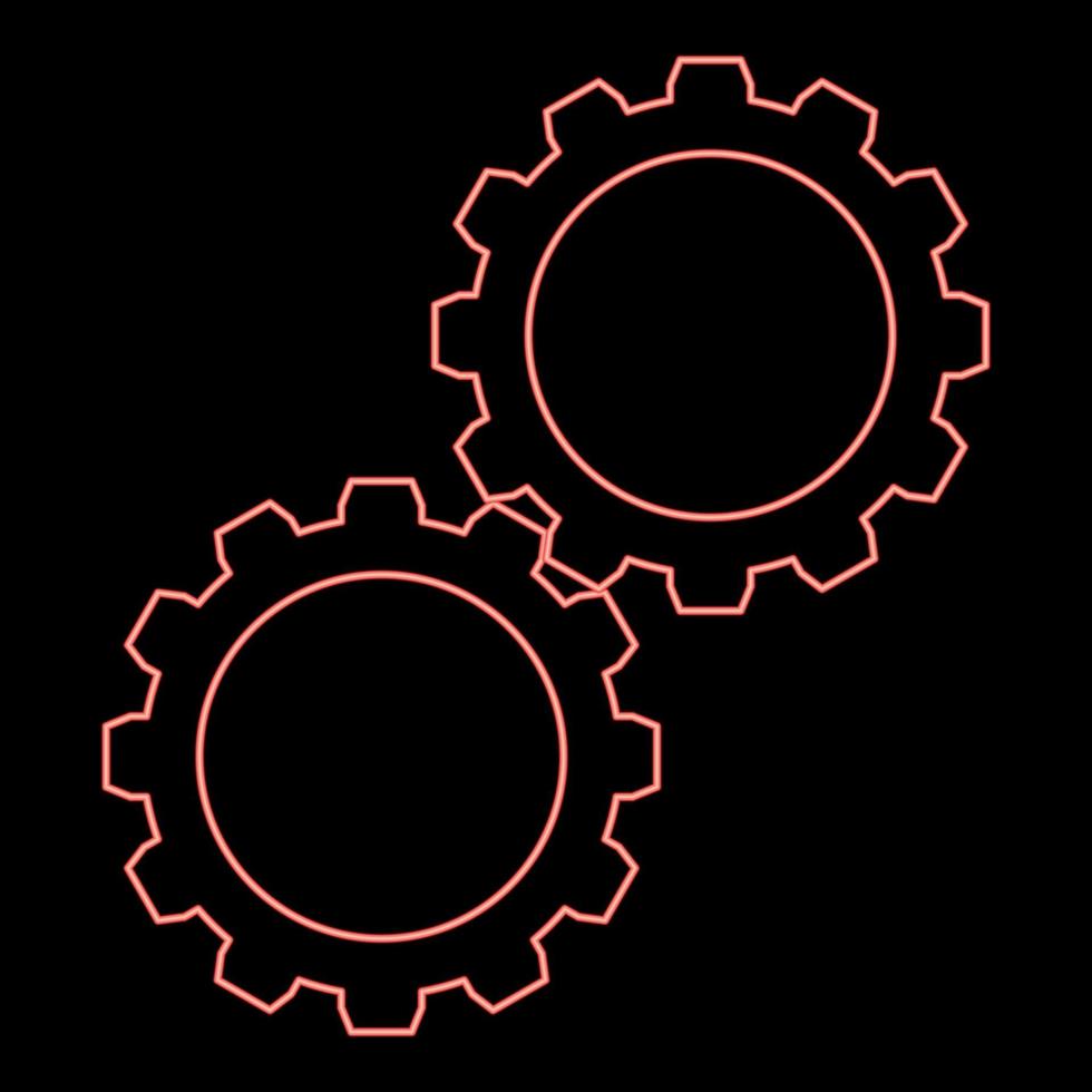 Neon- zwei Getriebe Zahnrad Zahn einstellen Zahnräder in Verbindung gebracht im Arbeiten Mechanismus rot Farbe Vektor Illustration Bild eben Stil