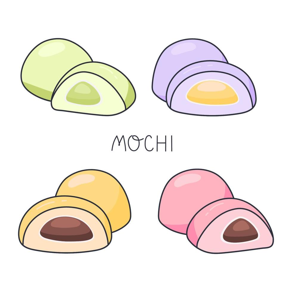 einstellen von Süss mochi. japanisch traditionell Essen Vektor Illustration. japanisch asiatisch Süßigkeiten. gesund Essen, Kochen, Speisekarte, Banner, Süss Essen, Dessert Konzept. zeichnen im Gekritzel Stil