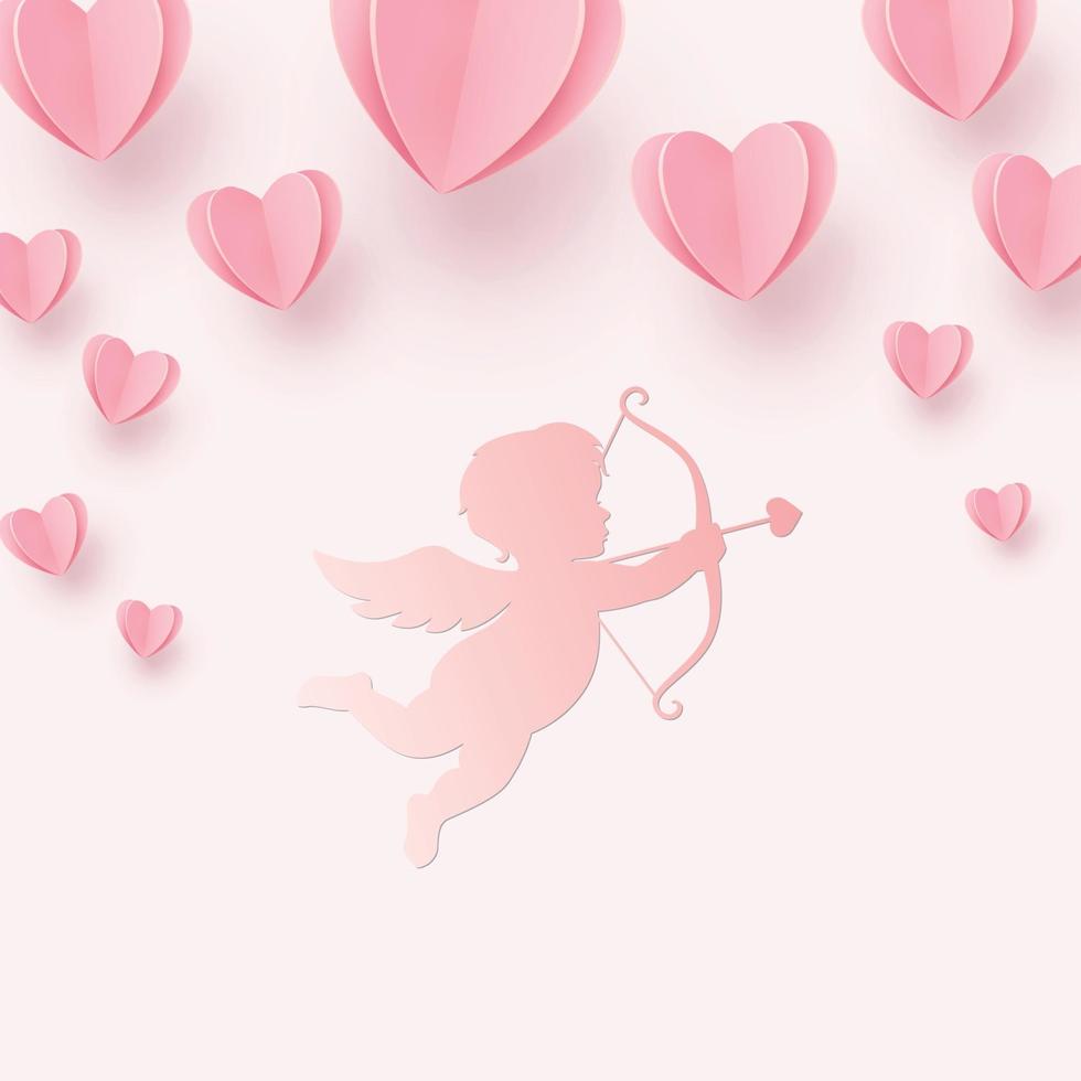 försiktigt rosa-röda hjärtan och cupid på en rosa bakgrund vektor