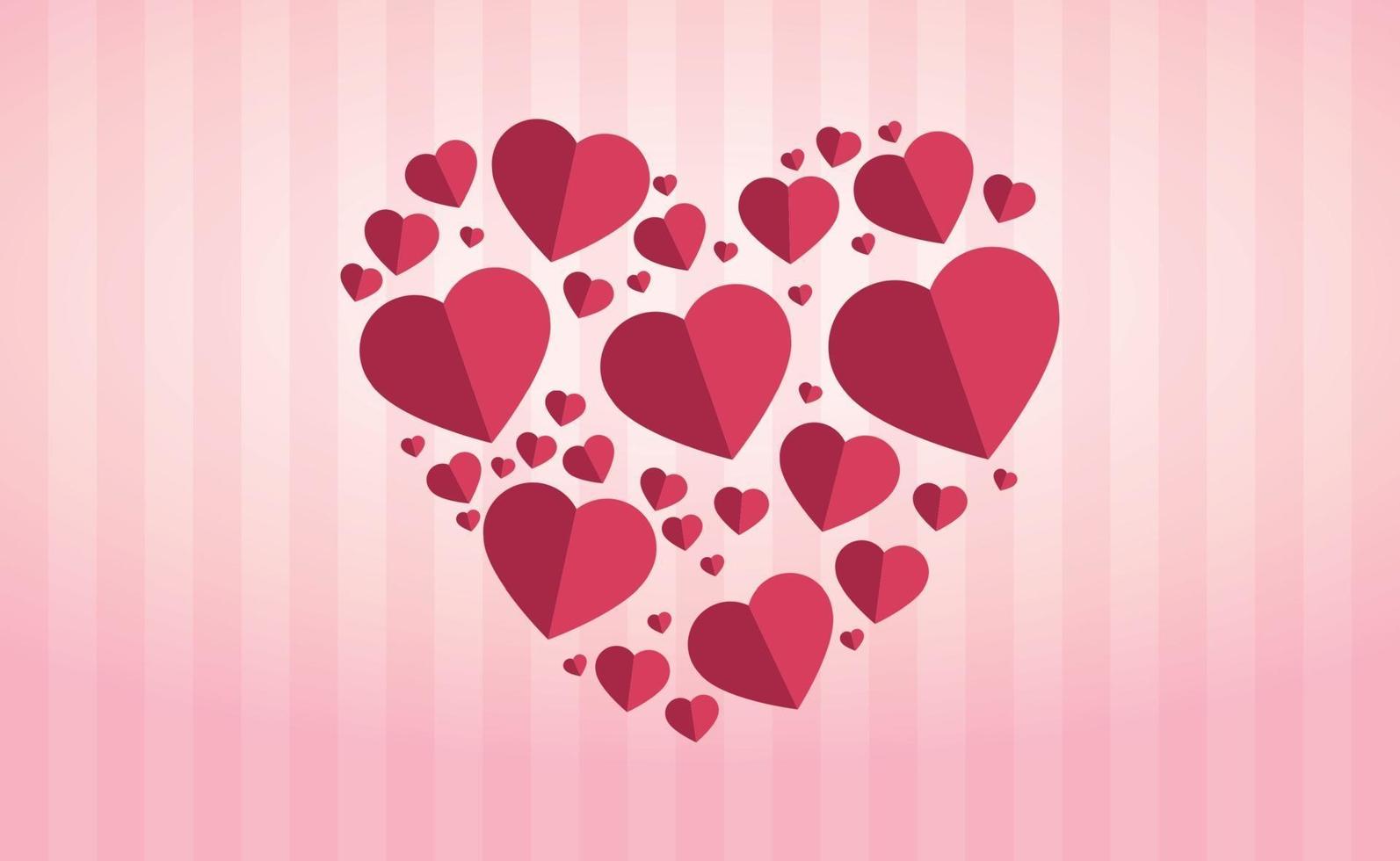 försiktigt rosa-röda hjärtan i form av ett stort hjärta på en rosa randig bakgrund vektor
