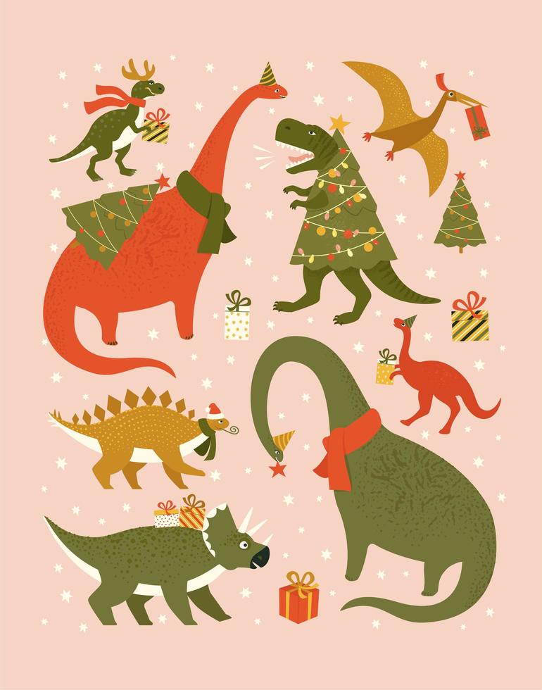 Weihnachtsfeiertag mit festlichen Dinos. Dinosaurier in Weihnachtsmütze schmücken Weihnachtsbaumgirlande Lichter. Vektor niedlichen Winter Zeichen.