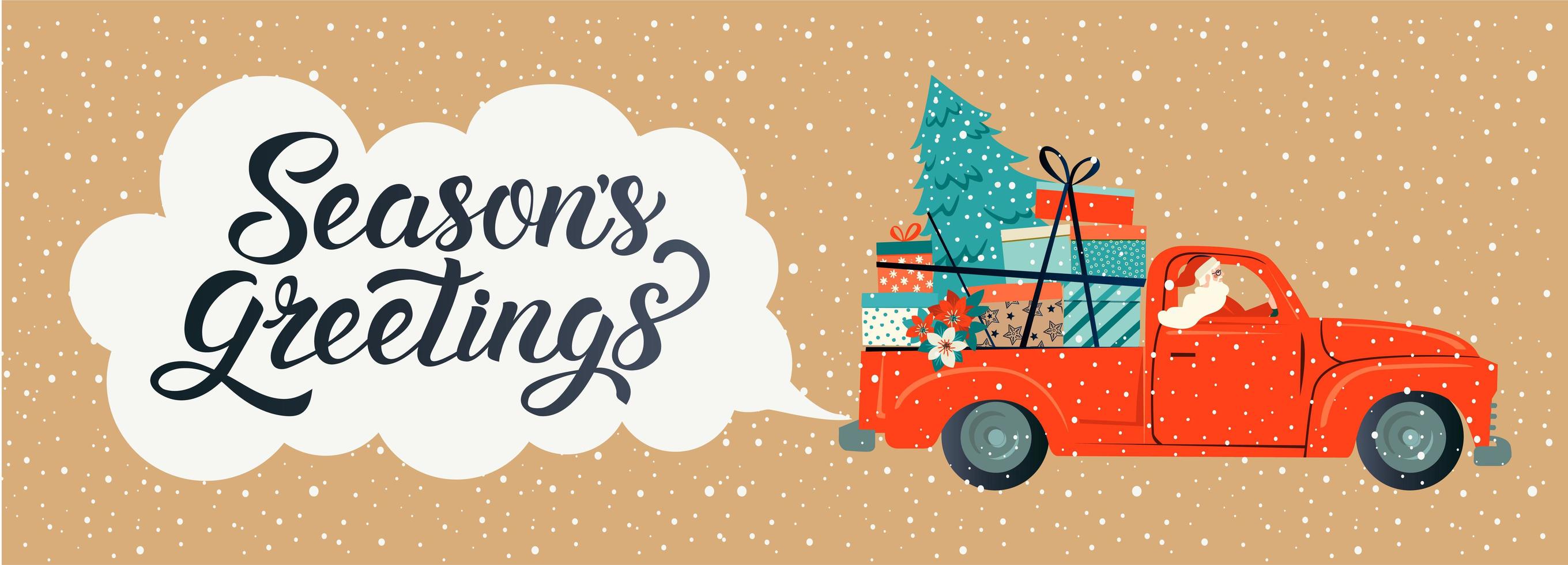 Frohe Weihnachten stilisierte Typografie. Vintage rotes Auto mit Weihnachtsmann, Weihnachtsbaum und Geschenkboxen. Vektor flache Artillustration.