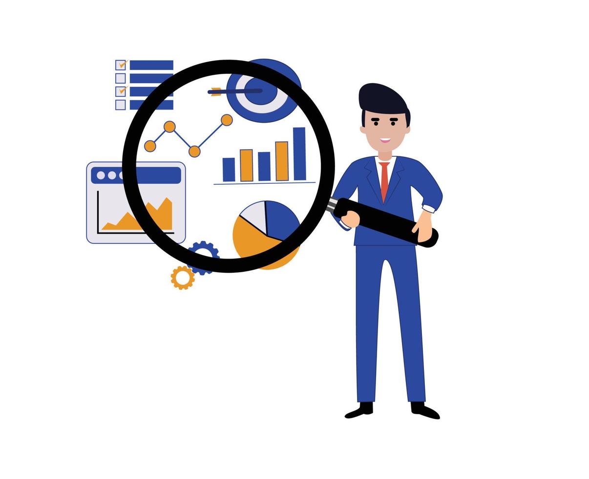 affärsman håller på med infographic data analys. företag förutsägelser. affärsman innehav förstorande glas vektor