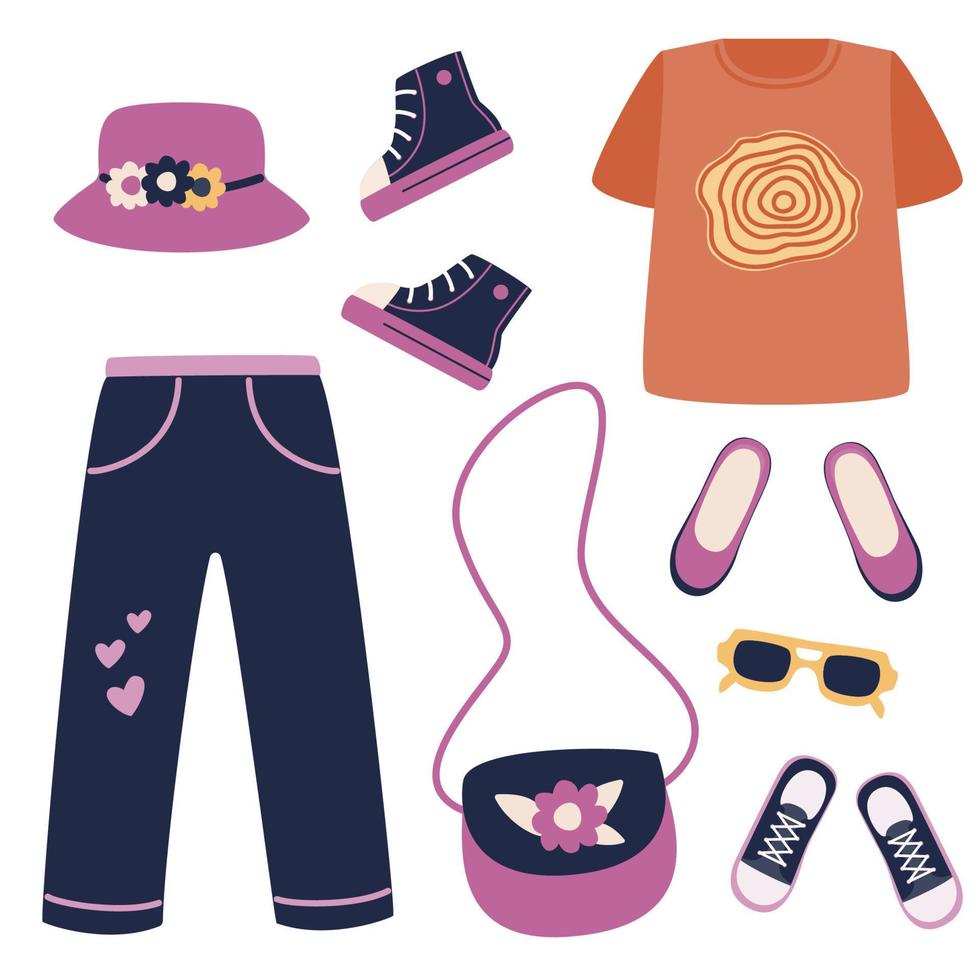 en uppsättning av kläder och skor - jeans, t-shirt, sneakers, skor, glasögon, handväska, panama hatt. vektor illustration av stiliserade saker i tecknad serie stil. isolerat på en vit bakgrund.