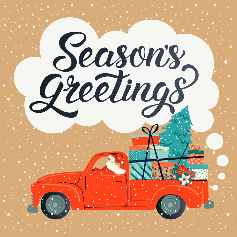 Frohe Weihnachten stilisierte Typografie. Vintage rotes Auto mit Weihnachtsmann, Weihnachtsbaum und Geschenkboxen. Vektor flache Artillustration.