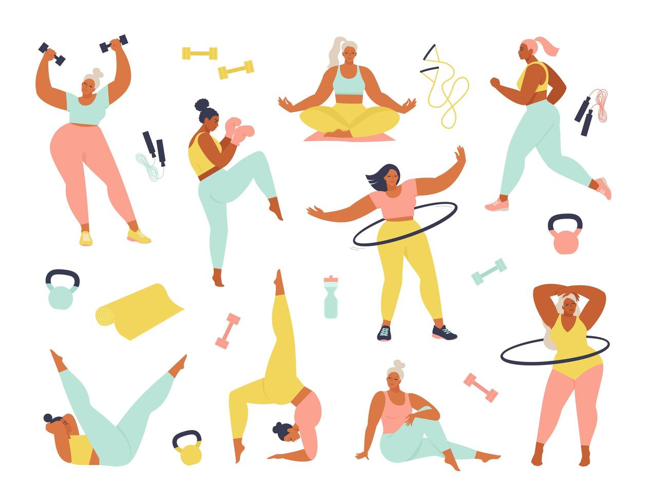 Frauen unterschiedlicher Größe, Alter und Rassenaktivitäten. Satz von Frauen, die Sport, Yoga, Joggen, Springen, Dehnen, Fitness tun. flache Illustration der Sportfrauenvektor lokalisiert auf weißem Hintergrund. vektor