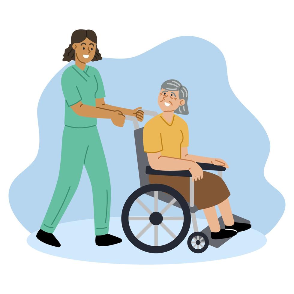 en kvinna läkare eller sjuksköterska är tryckande en rullstol för ett äldre kvinna patient. vektor