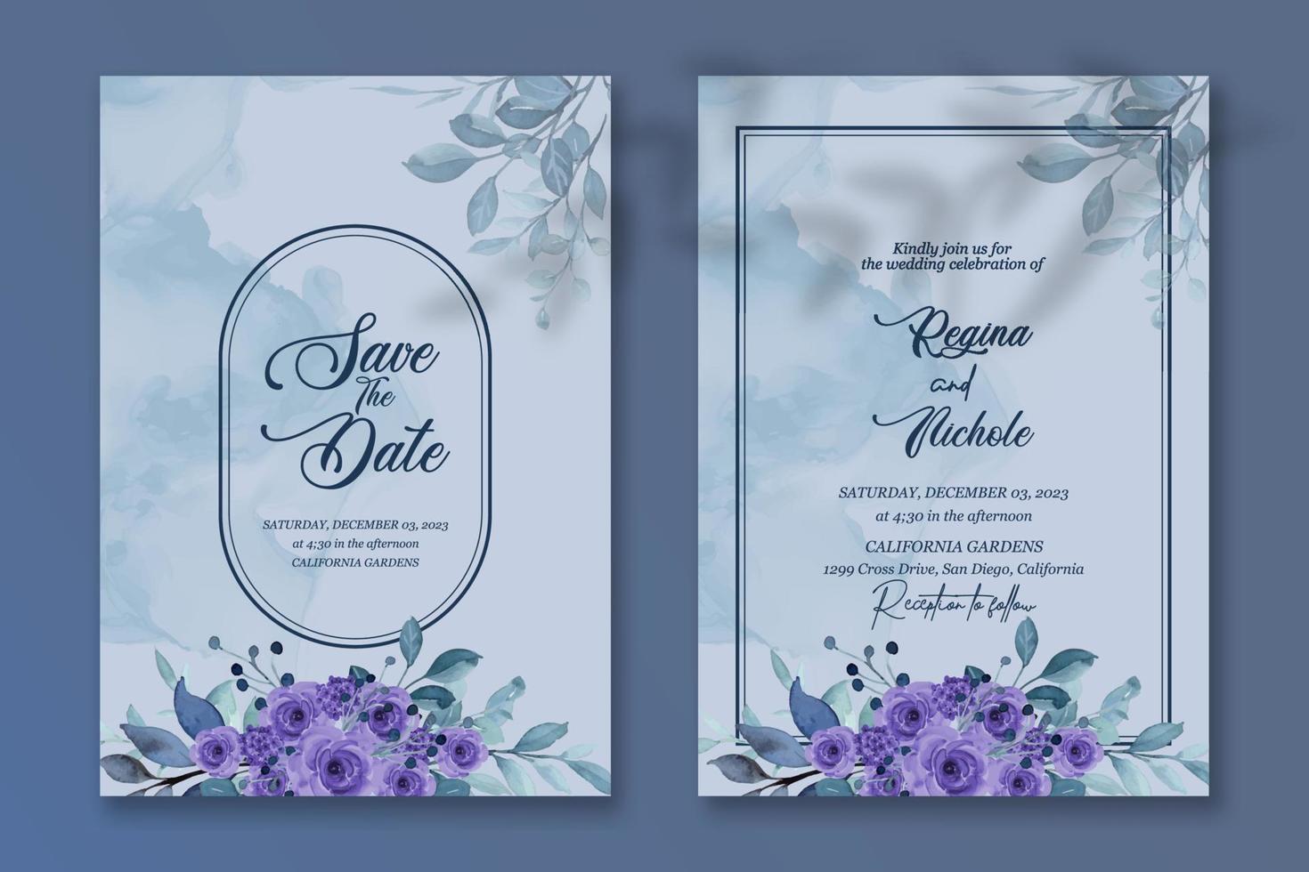 premie vektor bröllop inbjudan mall med vattenfärg blomma