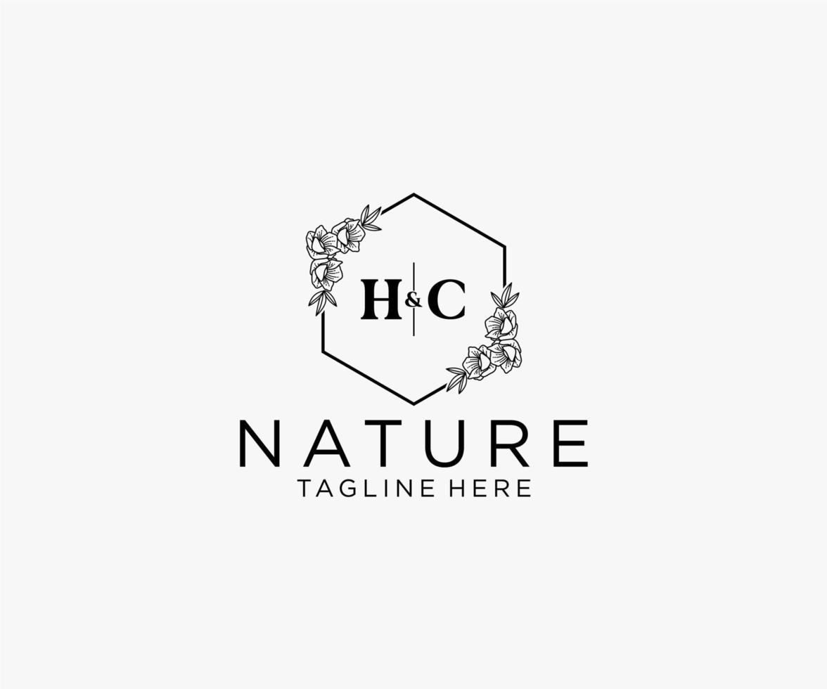 första hc brev botanisk feminin logotyp mall blommig, redigerbar förhandsgjord monoline logotyp lämplig, lyx feminin bröllop varumärke, företags. vektor