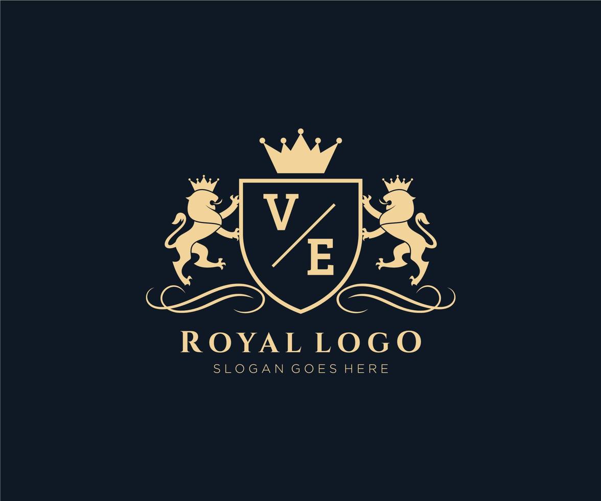 Initiale ve Brief Löwe königlich Luxus heraldisch, Wappen Logo Vorlage im Vektor Kunst zum Restaurant, Königtum, Boutique, Cafe, Hotel, heraldisch, Schmuck, Mode und andere Vektor Illustration.