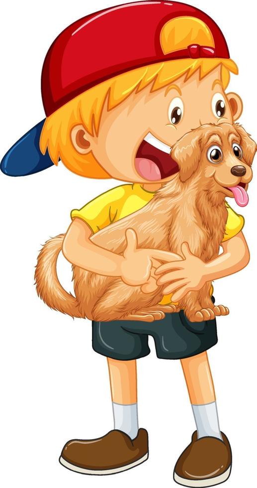 en pojke som håller söt hundtecknad karaktär isolerad på vit bakgrund vektor