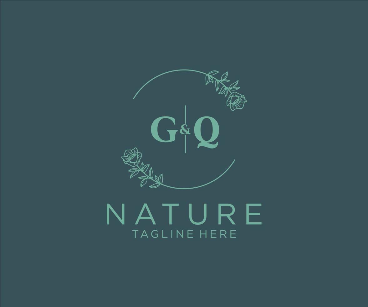 första gq brev botanisk feminin logotyp mall blommig, redigerbar förhandsgjord monoline logotyp lämplig, lyx feminin bröllop varumärke, företags. vektor