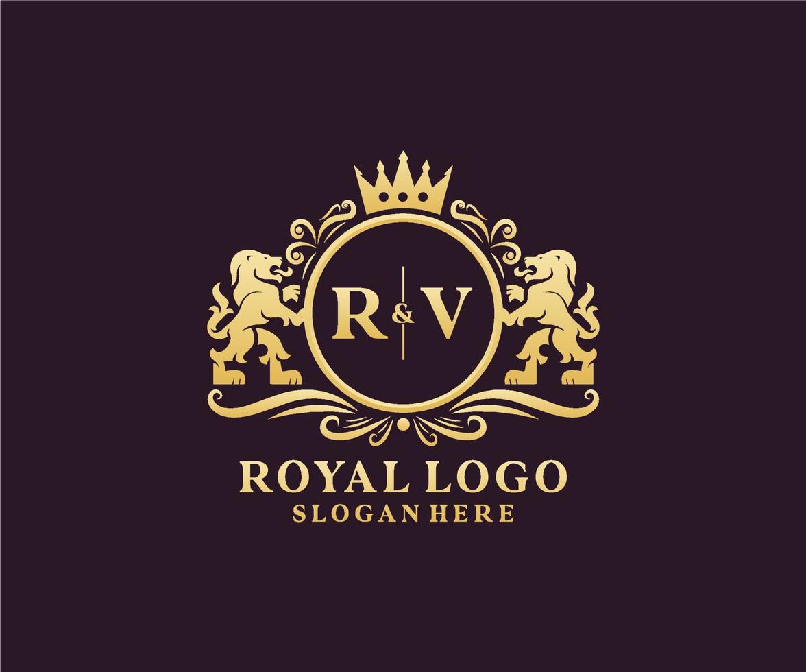 första rv brev lejon kunglig lyx logotyp mall i vektor konst för restaurang, kungligheter, boutique, Kafé, hotell, heraldisk, Smycken, mode och Övrig vektor illustration.