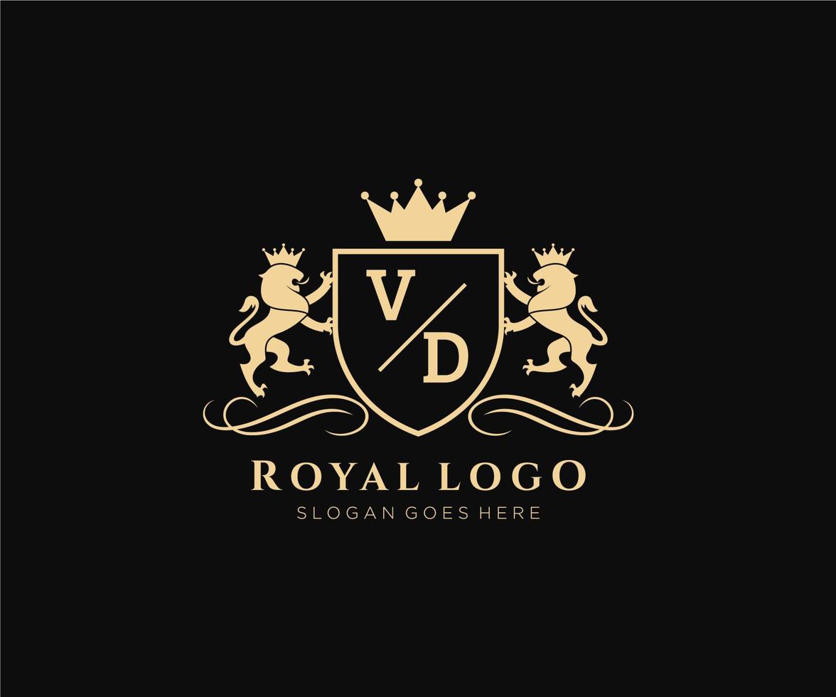 första vd brev lejon kunglig lyx heraldisk, vapen logotyp mall i vektor konst för restaurang, kungligheter, boutique, Kafé, hotell, heraldisk, Smycken, mode och Övrig vektor illustration.