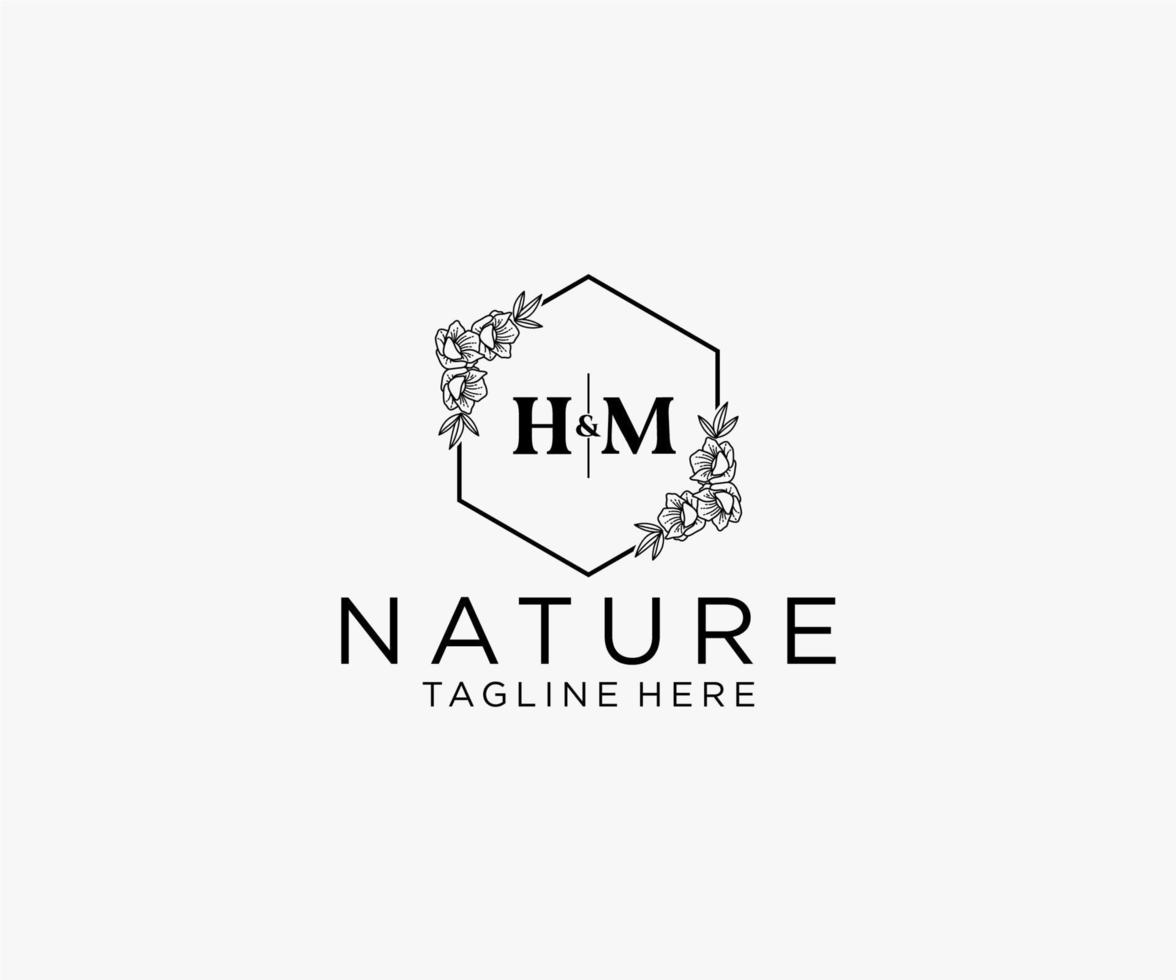 första hm brev botanisk feminin logotyp mall blommig, redigerbar förhandsgjord monoline logotyp lämplig, lyx feminin bröllop varumärke, företags. vektor