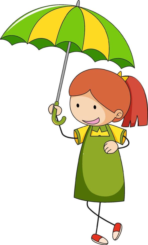 süßes Mädchen hält Regenschirm Gekritzel Zeichentrickfigur isoliert vektor