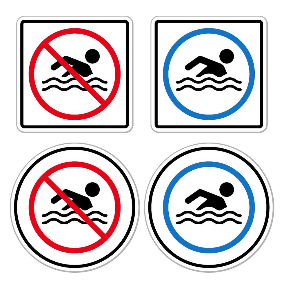 Nej simma zon tillåten varning förbjuden tecken symbol piktogram uppsättning förbjuda silhuett avrundad ikon vektor
