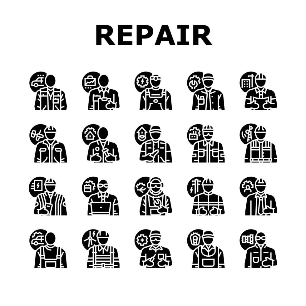 Reparatur Arbeiter Ingenieur Mann Symbole einstellen Vektor