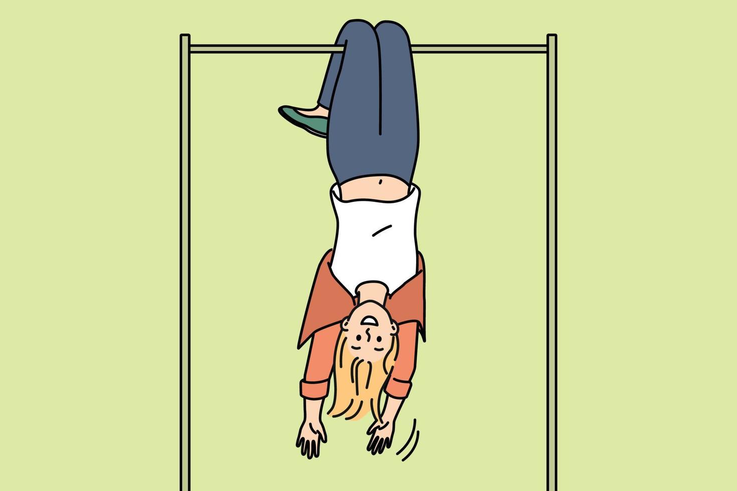 lycklig ung kvinna hängande på horisontell bar upside ner. leende flicka ha roligt utövar utomhus på sport lekplats. vektor illustration.
