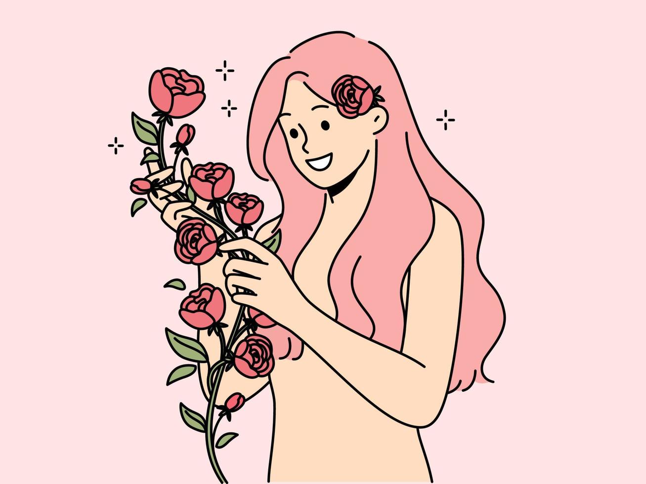 leende naken kvinna med rosa hår innehav ro i händer. Lycklig flicka med blommor njut av natur. vektor illustration.