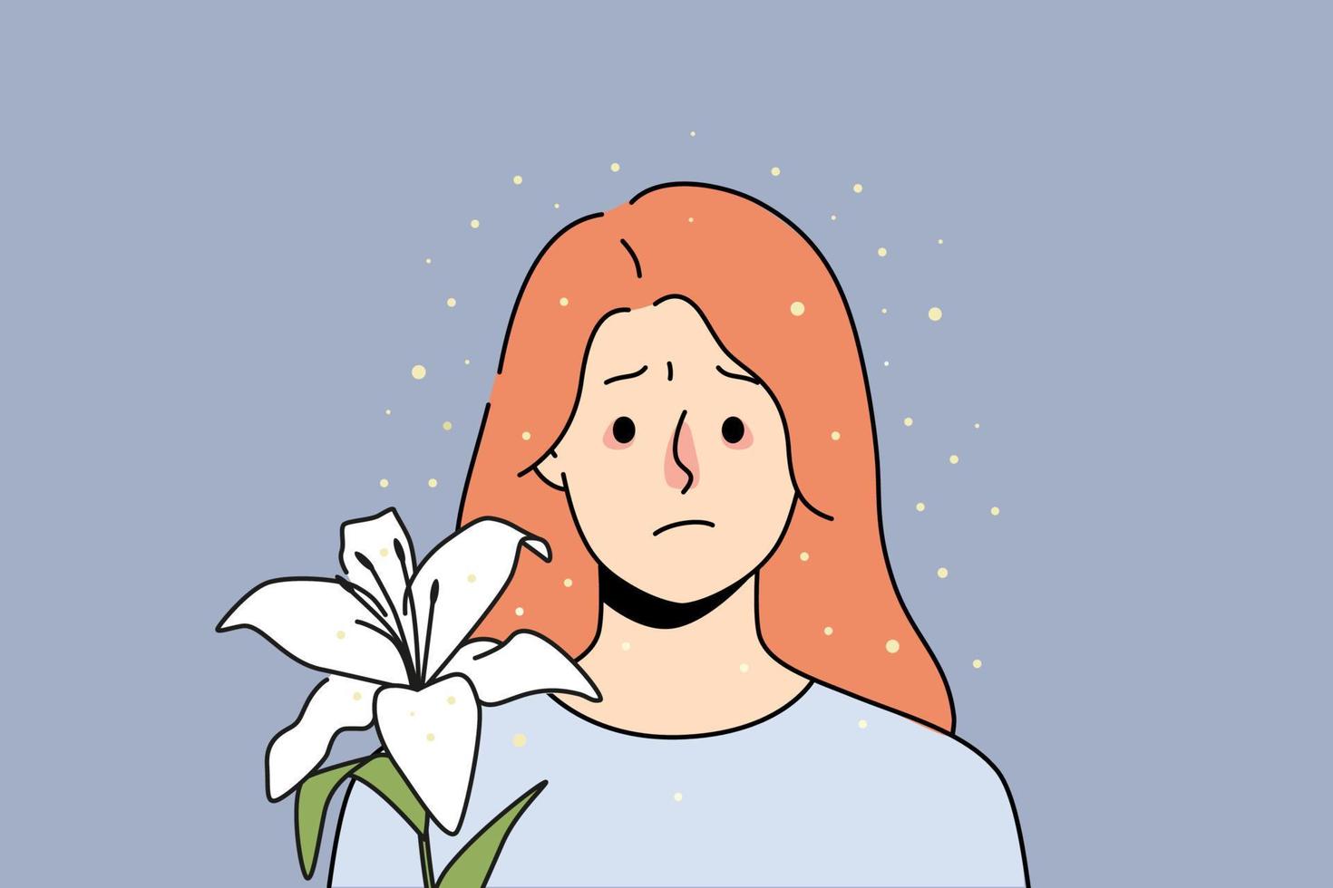 olycklig sjuk ung kvinna med röd näsa lida från blomma allergi. sjuk flicka kamp med pollen allergisk reaktion. sjukvård begrepp. vektor illustration.