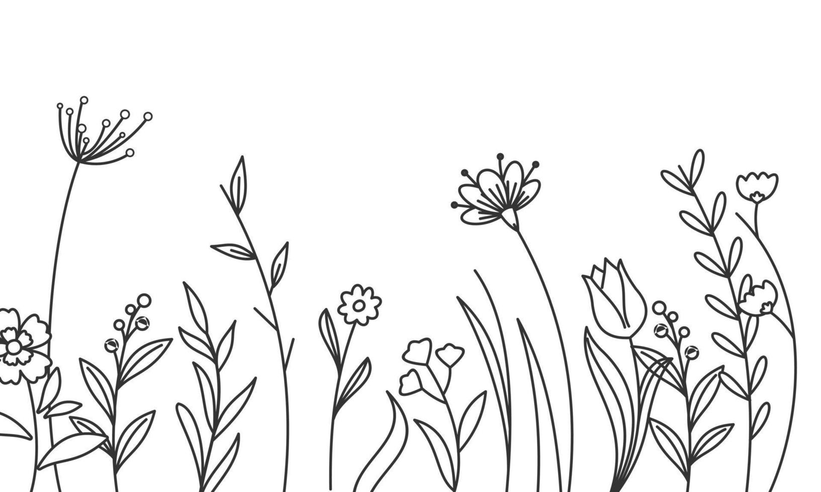svart silhuetter av gräs, blommor och örter isolerat på vit bakgrund vektor