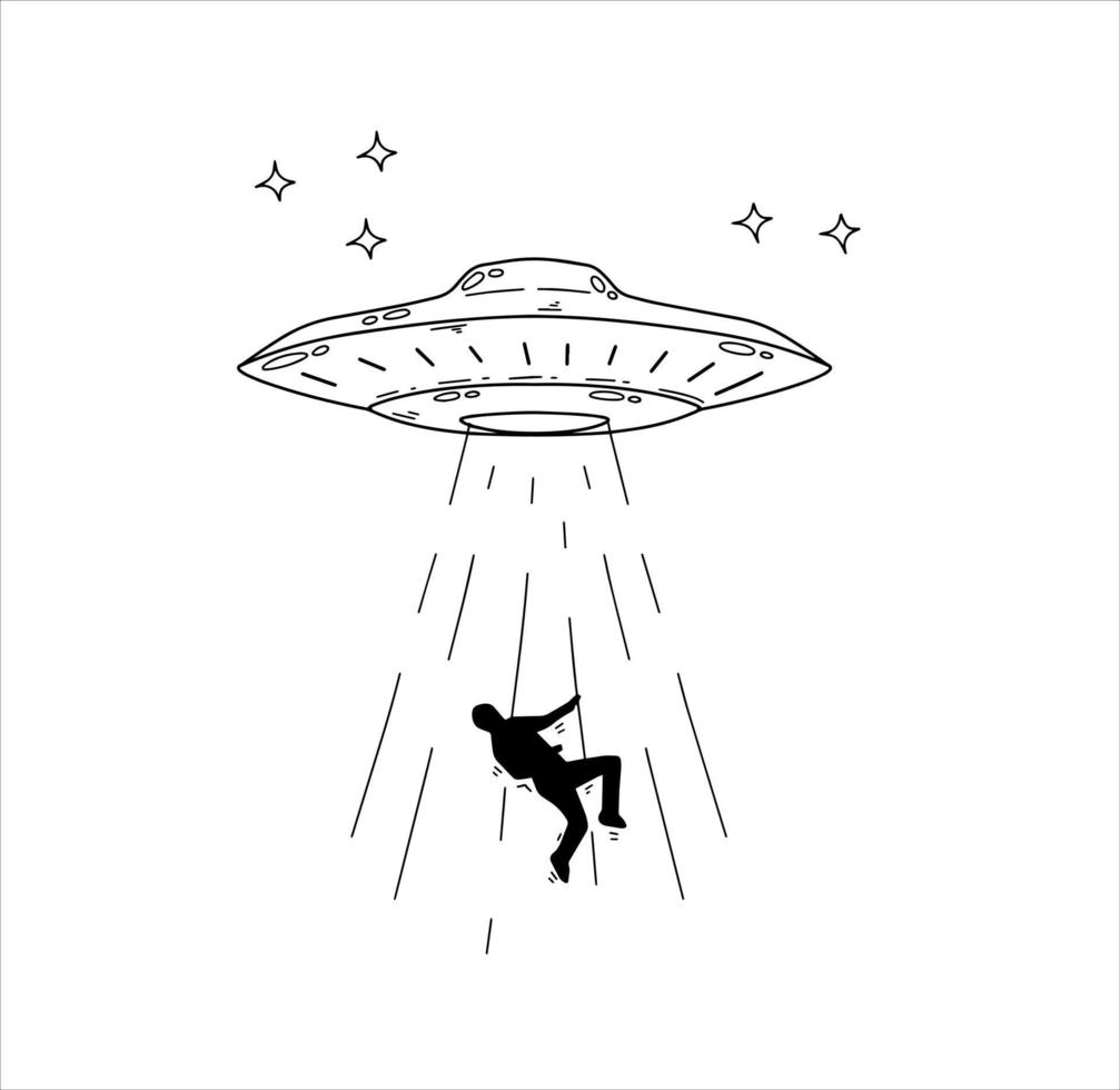 Aliens entführen Person. UFO entführen Mann. fliegend ovnis. skizzieren Gekritzel Raumschiff vektor